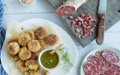 Polpettine di verdure e Salame Felino IGP con salsa verde